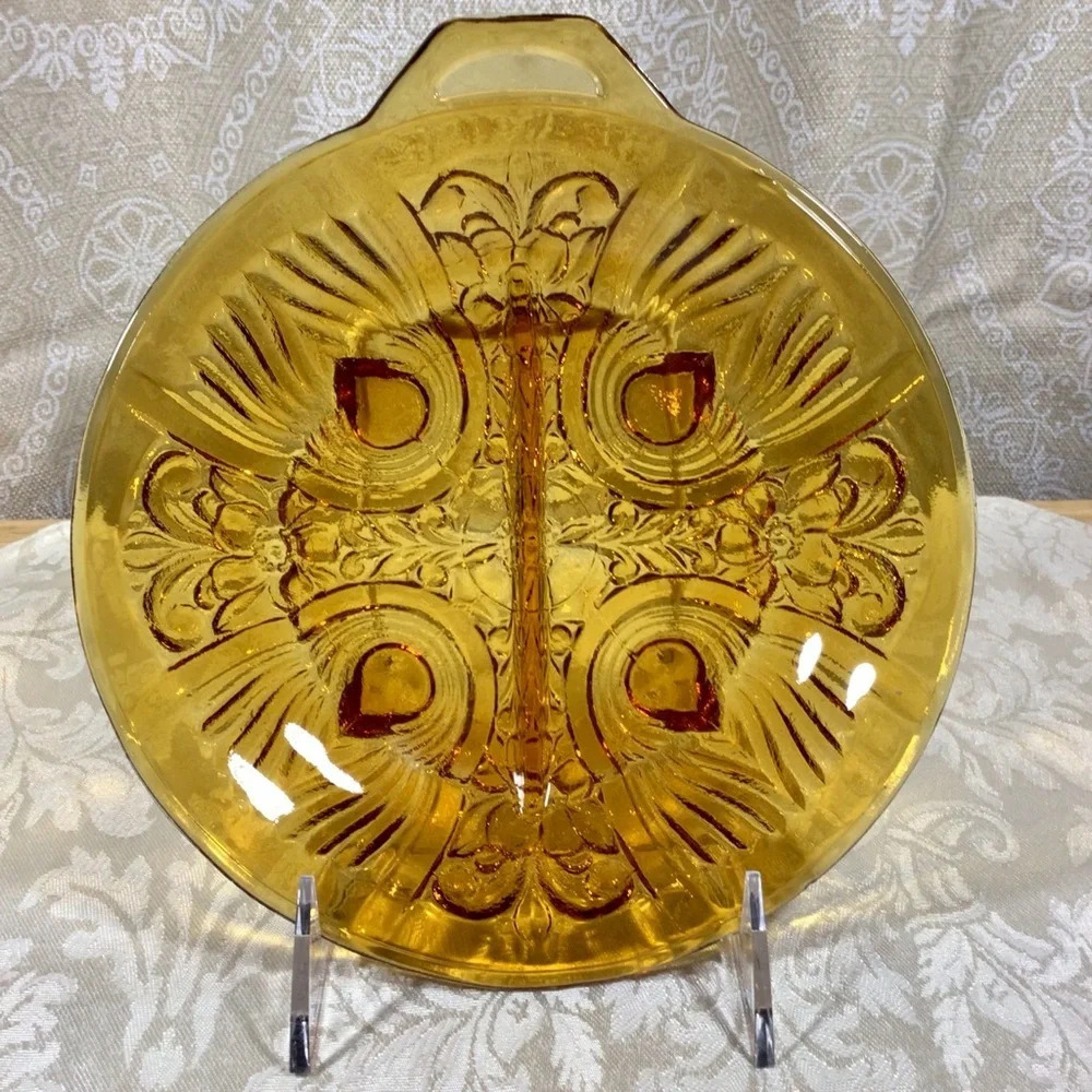Vintage Amber Carnival Glass Two Section Footed Dish